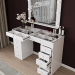 DF02115B Pera Camlı Aynalı Spot Işıklı Makyaj Masası 120 Cm Çekmeceli, Bölmeli, Yatak Odası Düzenleyici